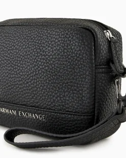 Beauty case Armani Exchange nero in similpelle martellata con logo scritta in metallo