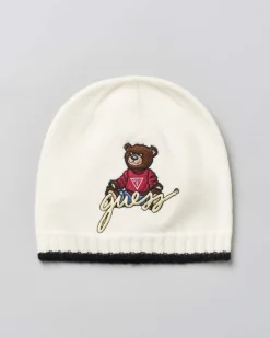 Berrettino Guess in misto viscosa avorio con orsetto logo