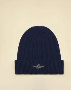 Berretto Aeronautica Militare blu con risvolto in puro cotone a coste