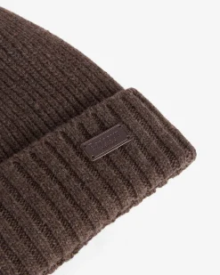 Berretto Barbour marrone in lana con risvolto e logo patch applicato