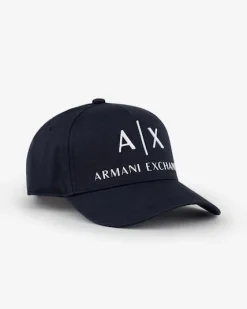 Berretto baseball Armani Exchange blu in gabardina di puro cotone con maxi logo AX ricamato sul davanti