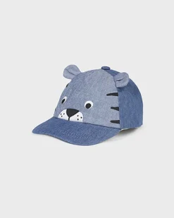 Berretto baseball blu in denim di cotone con orecchie applicate e tigre ricamata 42-46