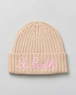 Berretto beige MC2 Saint Barth in lana e cashmere a coste con scritta logo rosa ricamata sul risvolto