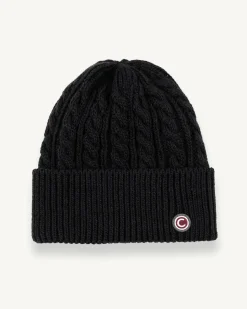 Berretto Colmar Originals nero lavorato a trecce con risvolto e logo bollo piccolo applicato