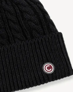 Berretto Colmar Originals nero lavorato a trecce con risvolto e logo bollo piccolo applicato