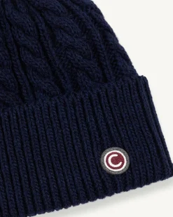 Berretto Colmar Originals blu lavorato a trecce con risvolto e logo bollo piccolo applicato