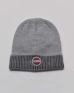 Berretto Colmar Originals grigio in maglia a coste inglesi con risvolto vanisé e logo bollo applicato