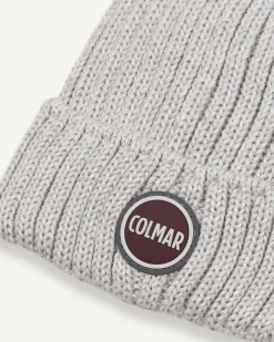Berretto Colmar Originals grigio in lana a coste inglesi con logo bollo applicato
