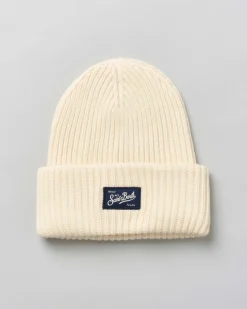 Berretto color avorio MC2 Saint Barth in lana e cashmere a coste con patch logo cucito sul risvolto