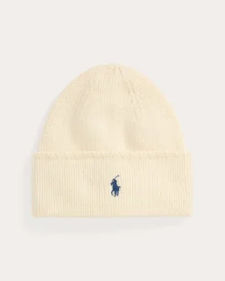 Berretto color avorio Polo Ralph Lauren in lana punto a costine con risvolto e logo a contrasto ricamato al centro