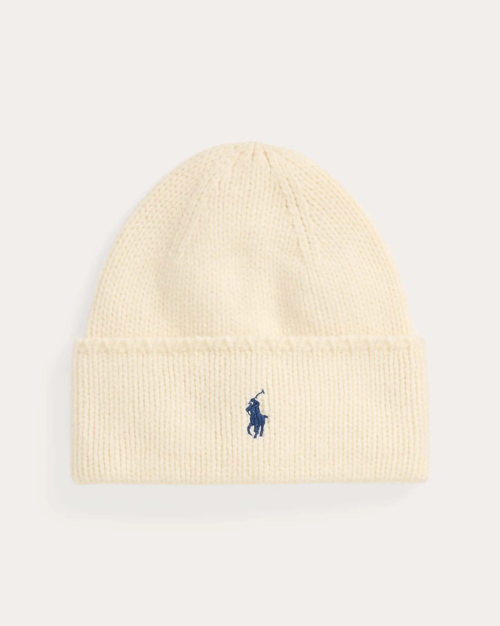 Berretto color avorio Polo Ralph Lauren in lana punto a costine con risvolto e logo a contrasto ricamato al centro