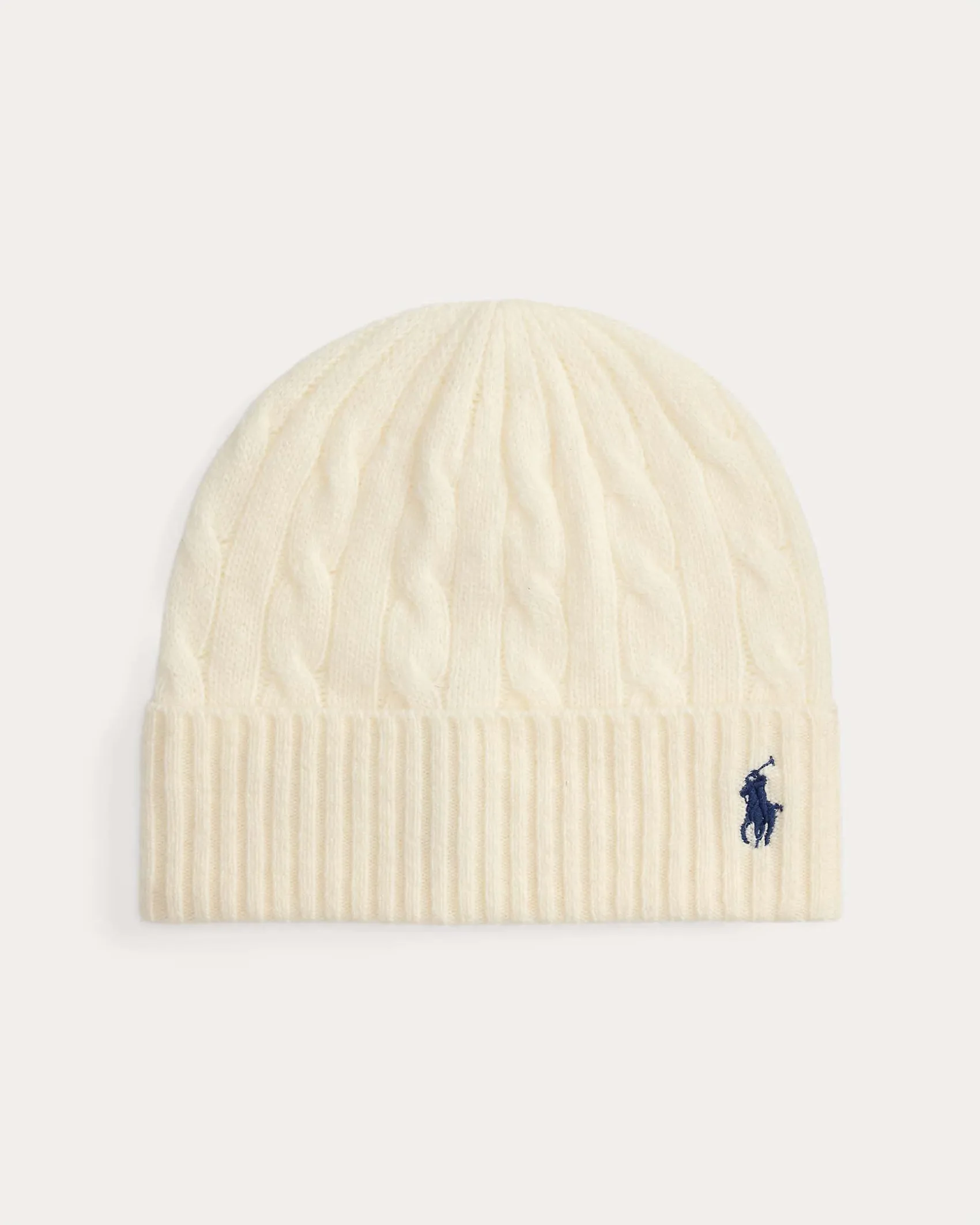Berretto color avorio Polo Ralph Lauren in lana e cashmere a trecce con logo ricamato a contrasto sul risvolto