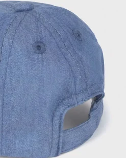 Berretto con frontino in denim e maxi orsetto ricamato