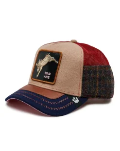 Berretto Detention Seeker trucker in flanella di lana cammello con inserti tartan check e pelle e patch asino