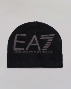Berretto EA7 nero in maglia a costine con risvolto e maxi logo jacquard antracite sul davanti