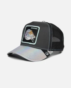 Berretto Go Way Back trucker nero con frontino argento e patch mollusco
