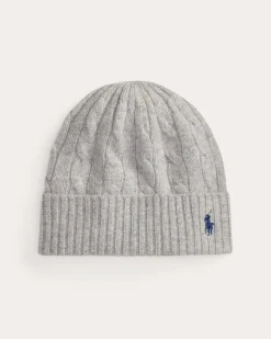 Berretto grigio Polo Ralph Lauren in lana e cashmere a trecce con logo ricamato a contrasto sul risvolto