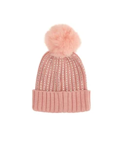 Berretto Guess rosa con pom pom e strass in misto viscosa