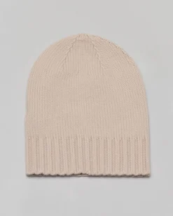 Berretto in cashmere beige con bordatura lavorata a coste
