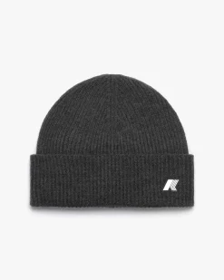 Berretto K-way grigio antracite in pura lana a costine con risvolto e patch logo
