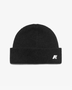 Berretto K-way nero in pura lana a costine con risvolto e patch logo