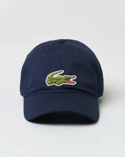 Berretto Lacoste blu con frontino e maxi coccodrillo verde ricamato