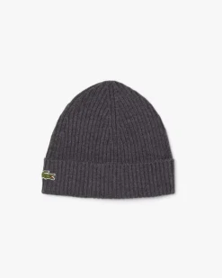 Berretto Lacoste grigio antracite in lana a coste con logo coccodrillo verde