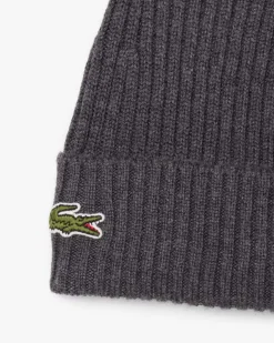 Berretto Lacoste grigio antracite in lana a coste con logo coccodrillo verde