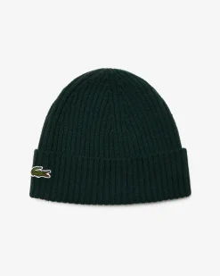 Berretto Lacoste verde scuro in lana a coste con logo coccodrillo verde