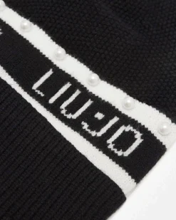 Berretto Liu Jo Sport nero in maglia con logo e perle in rilievo