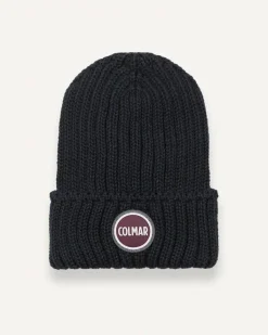Berretto loose-fit Colmar Originals nero a coste inglesi con logo bollo applicato