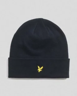 Berretto Lyle & Scott blu con risvolto e logo aquila gialla ricamata