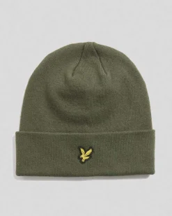 Berretto Lyle & Scott verde militare con risvolto e logo aquila gialla ricamata