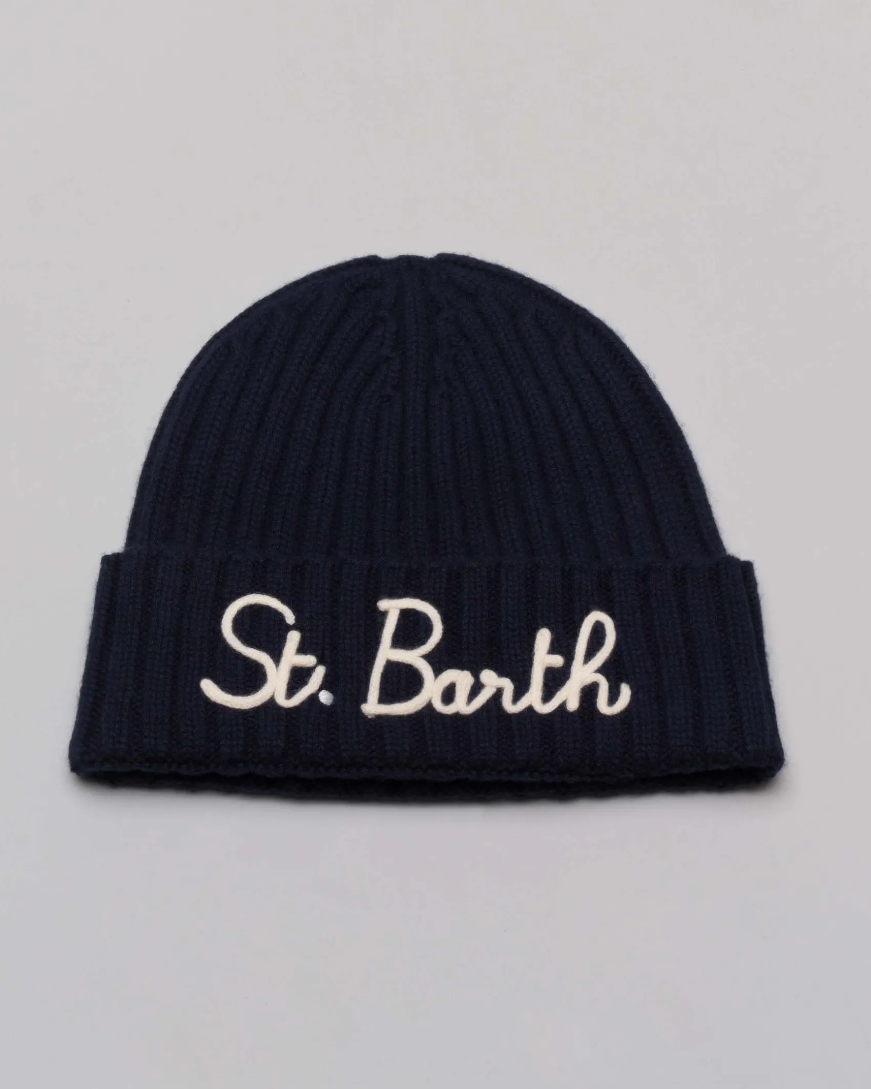 Berretto MC2 Saint Barth blu in maglia di lana e cachemire a coste inglesi con ricamo logo bianco