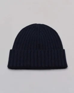 Berretto MC2 Saint Barth blu in maglia di lana e cachemire a coste inglesi con ricamo logo bianco