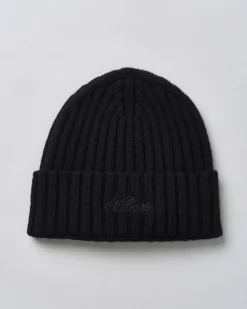 Berretto MC2 Saint Barth nero in maglia di lana a coste inglesi con ricamo St.Barth sul risvolto tono su tono