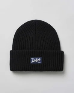 Berretto nero MC2 Saint Barth in lana e cashmere a coste con patch logo cucito sul risvolto