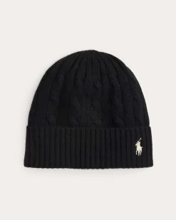 Berretto nero Polo Ralph Lauren in lana e cashmere a trecce con logo ricamato a contrasto sul risvolto