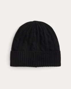 Berretto nero Polo Ralph Lauren in lana e cashmere a trecce con logo ricamato a contrasto sul risvolto