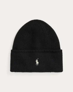 Berretto nero Polo Ralph Lauren in lana punto a costine con risvolto e logo a contrasto ricamato al centro