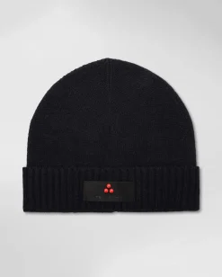 Berretto Peuterey blu in misto lana e cachemire con risvolto e patch porta logo