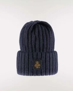 Berretto Refrigiwear blu lavorato a coste con risvolto e patch porta logo
