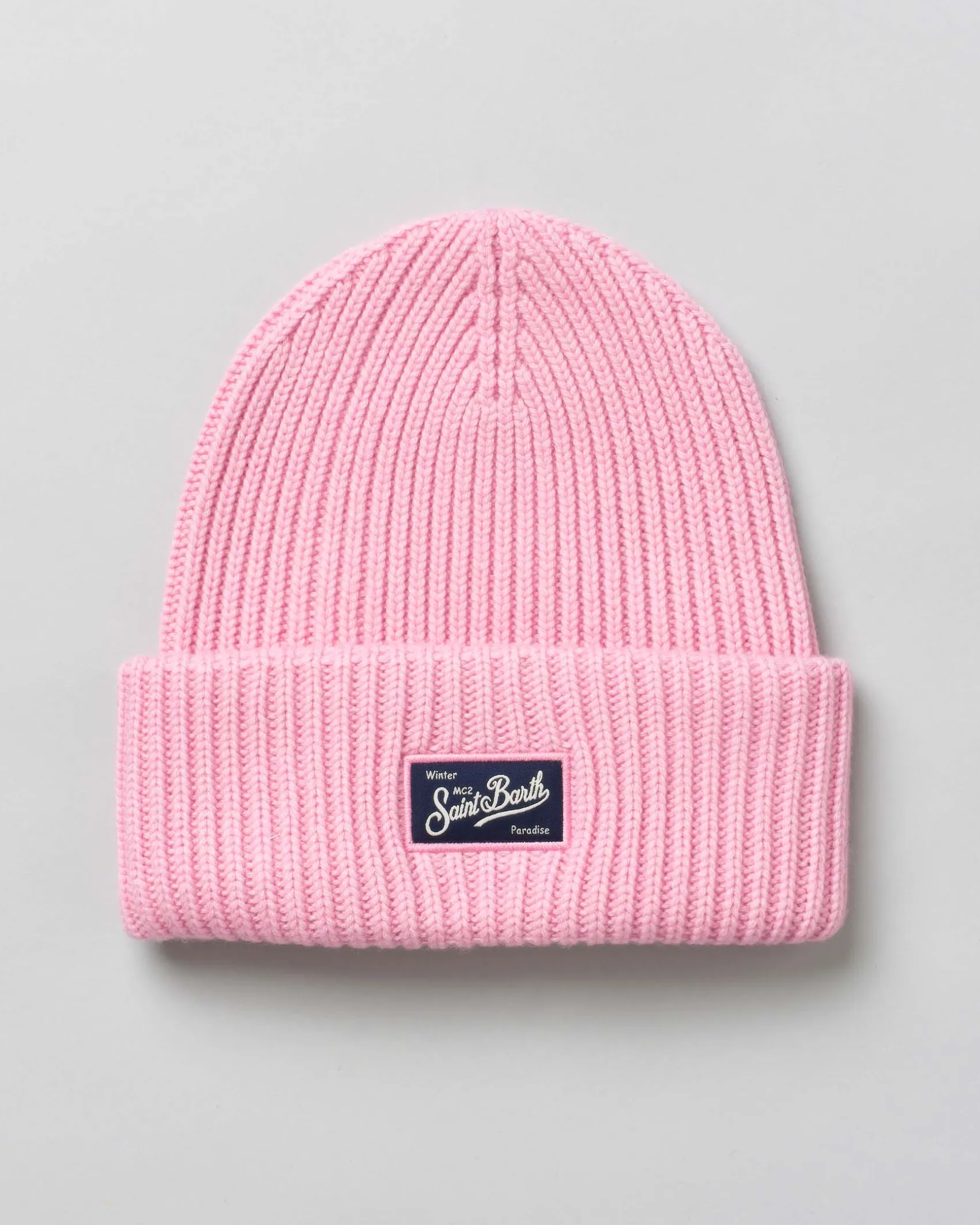 Berretto rosa bubble MC2 Saint Barth in lana e cashmere a coste con patch logo cucito sul risvolto