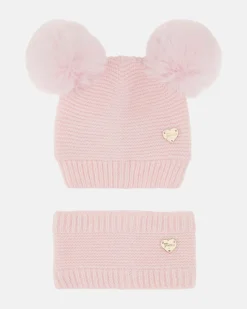 Berretto rosa con pom pom e scaldacollo Guess in misto viscosa