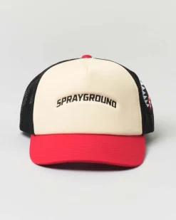 Berretto trucker panna rosso e nero in cotone con frontino e logo