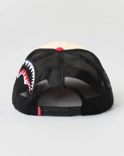 Berretto trucker panna rosso e nero in cotone con frontino e logo