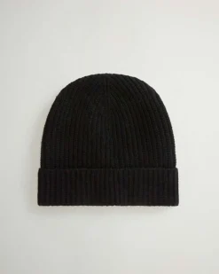 Berretto Woolrich nero a coste in lana merino con risvolto e logo