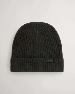 Berretto Woolrich verde scuro a coste in lana merino con risvolto e logo