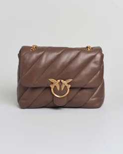 Big Love Bag Puff Maxi Quilt marrone con fibbia Love Birds e tracolla a catena dorata