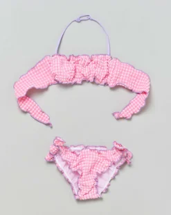 Bikini Emy a fascia in seersucker a fantasia vichy rosa e bianca con profili lilla